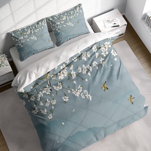 White Cherry Blossom Sparrow Birds Duvet Cover Set, Botanical Bedding, Nature Floral Comforter Cover, Single Double Full Queen King Size