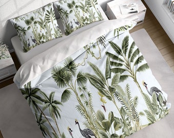 Dark Green Oriental Bedding Set Cover, Crane Bird and Cherry