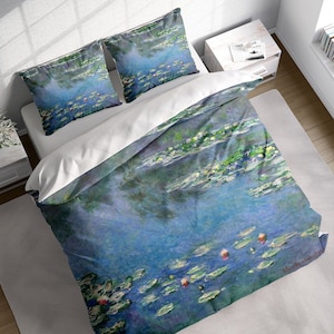 Blue Green Flower Duvet Cover Set, Claude Monet Oil Painting Water Lilies, Aquatic Plant Pond Queen King Bedding