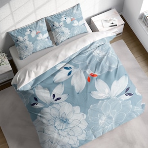 Pencil Elegant Lotus Botanical Duvet Cover Set, Blue Floral Bedding, Single Double Full Cali Queen King Size, Text n Size Customizable