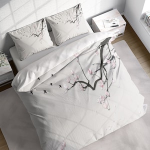 Magnolia Flower Bird Winter Duvet Cover Set, Botanical Quilt Cover Bedding Set w Pillowcases, Twin Full Queen King Size, US UK AU