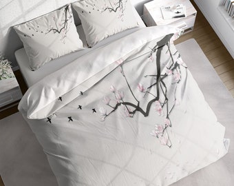 Magnolia Flower Bird Winter Duvet Cover Set, Botanical Quilt Cover Bedding Set w Pillowcases, Twin Full Queen King Size, US UK AU