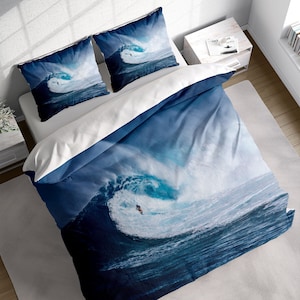 Big Wave Surfing Duvet Cover Set, Seaside Summer Vacation Quilt Cover, Sea Ocean Bedding Set, Single Double Full Queen King Size, Cotton