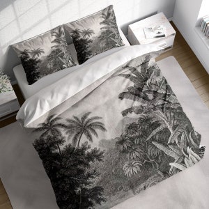 Monochrome Forest Etching Style Duvet Cover Set, Black and White Bedding Set, Cotton Quilt Cover, Single Double Full Queen King Size, Doona