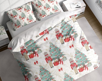 Puppet Tree Gift Christmas Duvet Cover Set, Holiday Theme Bedding, Red Bedding Set, Double Full Queen King Size, Super Soft Cotton Polyester
