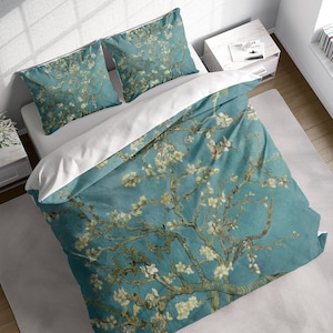 Blue Almond Blossom Van Gogh Painting Duvet Cover Set, Bedding Set, Japanese Floral Quilt Cover Set, Single Double Full Queen King Size