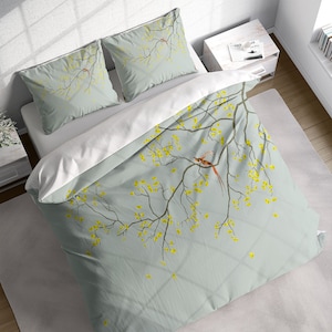 Japanese Yellow Ginkgo Leaves Birds Duvet Cover Set, Botanical Bedding, Nature Floral Comforter Cover, Single Double Full Queen King Size