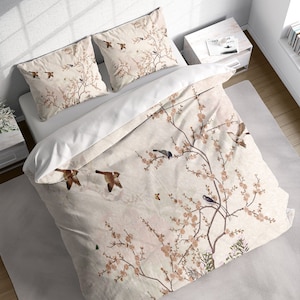 Japanese Flower Branch Birds Painting Duvet Cover Set w Pillowcases, Beige Cherry Blossom Quilt Cover, Double Queen King All US UK AU Size