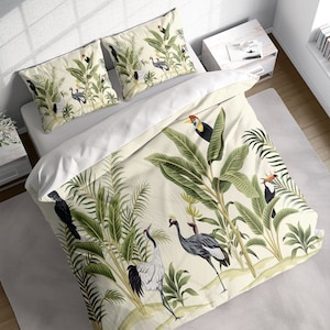 Rainforest Bird Parrot Duvet Cover Set, Green Floral Bedding, Single Double Full Cali Queen King Size, Text n Size Customizable
