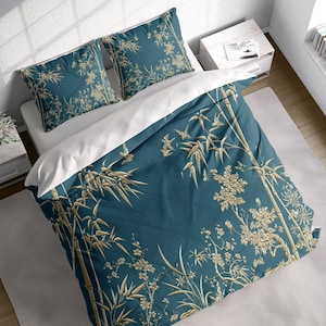 Chinese Bamboo Forest Duvet Cover Set, Japanese Botanical Leaves Quilt Cover, Nature Floral Bedding Set, Single Double Full Queen King Size