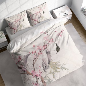 Plum Blossom Magpie Rock Duvet Cover Set, Asian Chinese Bedding Set, Comforter Cover w Pillowcases, Single Double Twin Full Queen King Size