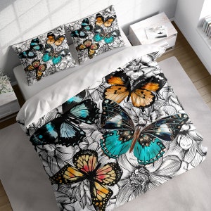 Butterfly Flower Duvet Cover Set, Botanical Quilt Cover, Animal Print Comforter Bedding Set Pillowcases, Twin Full Queen King Size, US UK AU