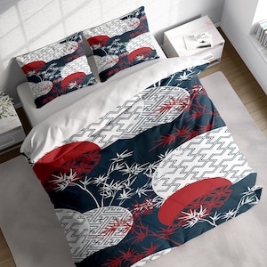 Traditional Bamboo Forest Japan Duvet Cover Set, Red Floral Bedding, Single Double Full Cali Queen King Size, Text n Size Customizable