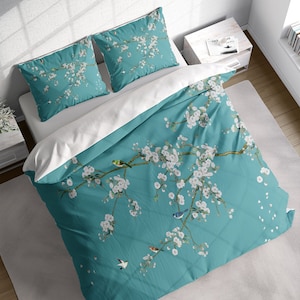Japanese White Cherry Flower Birds Duvet Cover Set, Botanical Bedding, Nature Floral Comforter Cover, Single Double Full Queen King Size