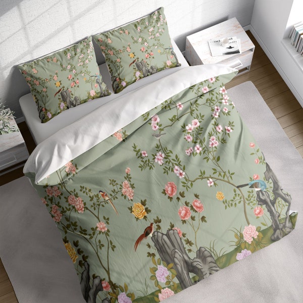 Japanese Flower Rose Garden Painting Duvet Cover Set w Pillowcases, Chinese Floral Birds Quilt Cover, Single Double Queen King US / AU Sizes