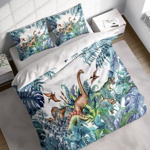 Kids Cartoon Dinosaurs Tropical Leaves Duvet Cover Set, Animals Bedding Set, Botanical Quilt Cover, Single Double Full Queen King Size
