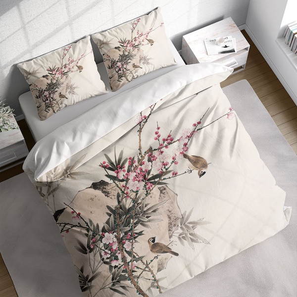 Plum Blossom Magpie Bamboo Leaf Duvet Cover Set, Floral Chinese Bedding Set, Botanical Comforter Cover Pillowcases, Full Queen King Size