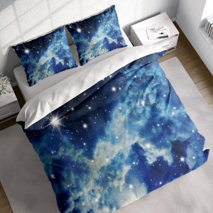 Starry Night Sky Duvet Cover Set, Space Galaxy Bedding Set, Blue Stars Quilt Comforter Cover, Single Double Full Queen King Size, Cotton