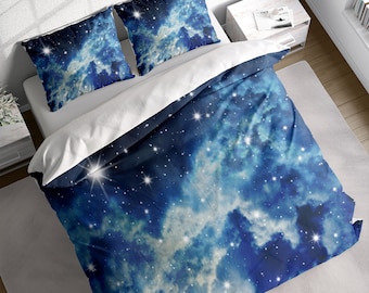 Sternenklarer Nachthimmel Bettbezug-Set, Space Galaxy Bettwäsche Set, Blaue Sterne Quilt Trösterbezug, Einzel Doppel Voll Königin König Größe, Baumwolle