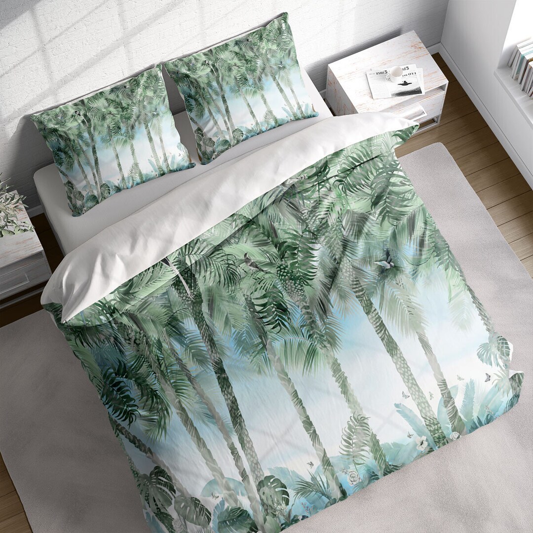 Green Tropical Leaves Duvet Cover Set, Jungle Plant Bedding Set, Nature