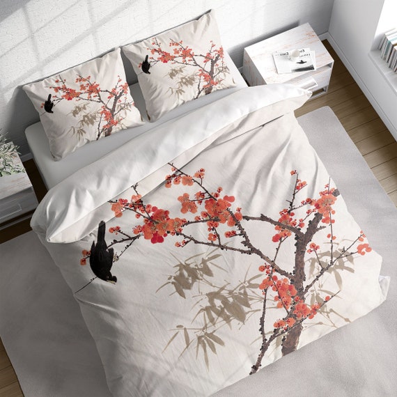 Cherry Blossom Magpie Bamboo Leaf Duvet Cover Set Fl Cherry Blossom Magpie Bamboo Leaf Duvet, Bamboo King Size Bedding Set