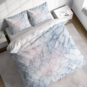 Pencil Elegant Flower Botanical Duvet Cover Set, Blue Floral Bedding, Single Double Full Cali Queen King Size, Text n Size Customizable