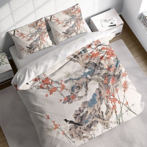 Plum Blossom Magpie Cold Winter Duvet Cover Set, Asian Chinese Bedding Set, Comforter Cover w Pillowcases, Twin Full Queen King Size