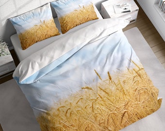 Gold Wheat Field Blue Sky Duvet Cover Set, Golden Field Bedding, Nature Farm Botanical Comforter Cover, Single Double Full Queen King Size