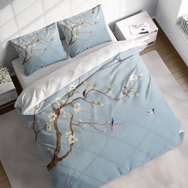 Magnolia Branch Blue Birds Duvet Cover Set, Botanical Quilt Cover Bedding Set w Pillowcases, Twin Full Queen King Size, US UK AU