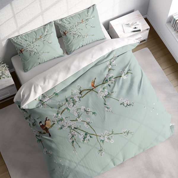 Japanese White Cherry Blossom Birds Duvet Cover Set, Botanical Bedding, Nature Floral Comforter Cover, Single Double Full Queen King Size