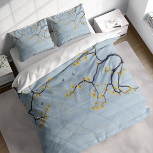 Ginkgo Branch Butterfly Duvet Cover Set, Botanical Quilt Comforter Cover Bedding Set w Pillowcases, Twin Full Queen King Size, US UK AU