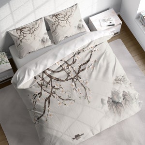 Chinese Magnolia Flower Branch Lake Duvet Cover Set, Botanical Bedding, Nature Floral Comforter Cover, Single Double Full Queen King Size