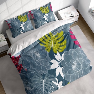 Flowers Bloom Botanical Duvet Cover Set, Blue Floral Bedding, Single Double Full Cali Queen King Size, Text n Size Customizable
