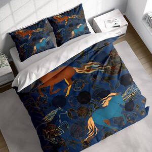 Blue Horse Flower Duvet Cover Set, Blue wildlife Bedding, Single Double Full Cali Queen King Size, Text n Size Customizable