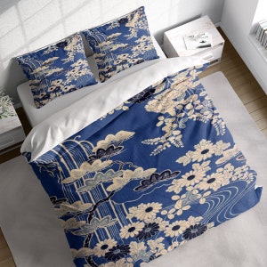 Mums Peony Waterfall Duvet Cover Set, Floral Japanese Bedding Set, Botanical Comforter Cover w Pillowcases, Twin Full Queen King Size