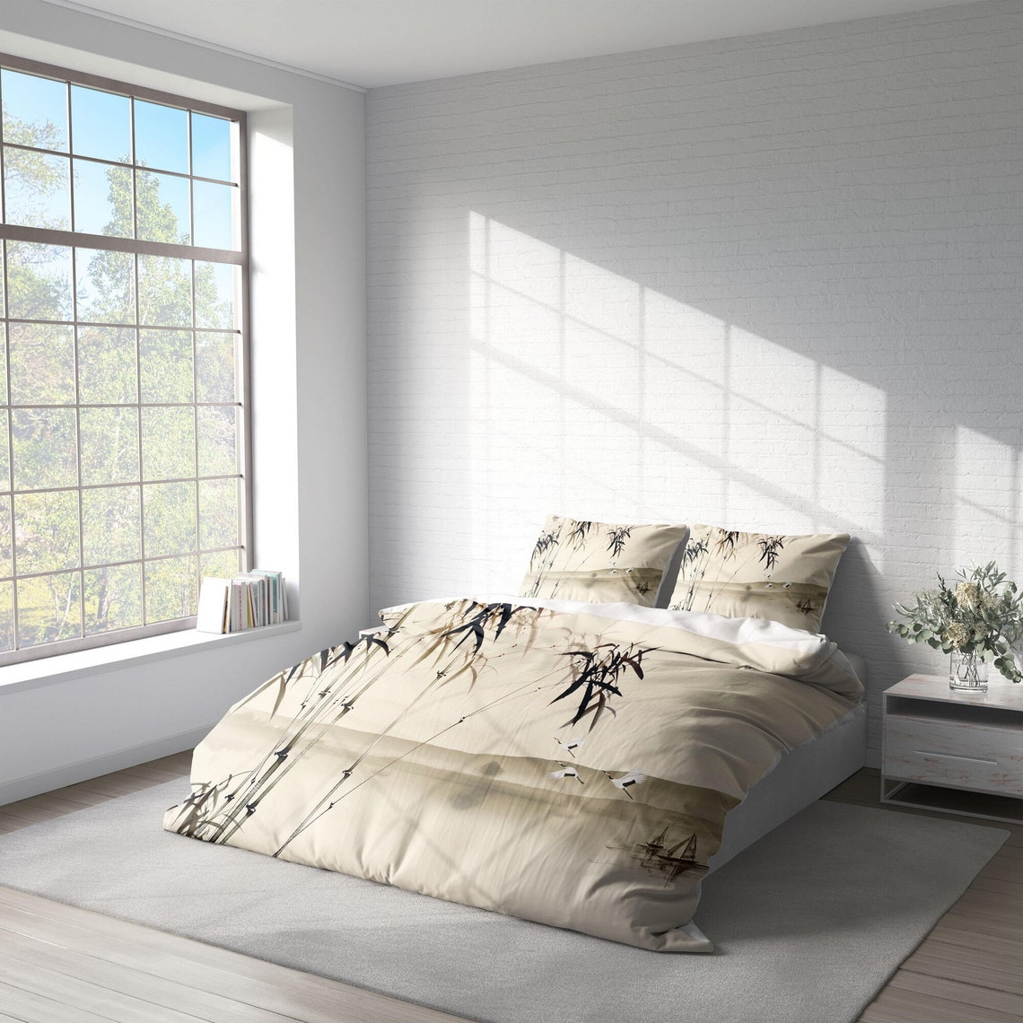 Chinoiserie Bamboo Birds Duvet Cover Set Japanese Crane Etsy