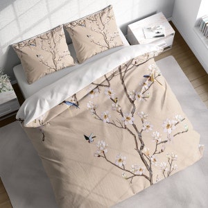 Magnolia Robin Festival Duvet Cover Set, Botanical Quilt Comforter Cover Bedding Set w Pillowcases, Twin Full Queen King Size, US UK AU