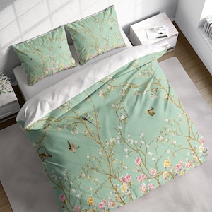 Japanese Flower Garden Birds Green Duvet Cover Set, Botanical Bedding, Nature Floral Comforter Cover, Single Double Full Queen King Size
