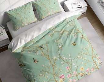 Japanese Flower Garden Birds Green Duvet Cover Set, Botanical Bedding, Nature Floral Comforter Cover, Single Double Full Queen King Size