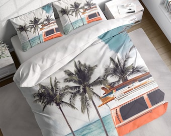 Urlaub am Meer Palme Malerei Bettwäsche Set Kissenbezüge, Blau Strand Urlaub Surfbrett Bus Tröster Set, Queen Size King Size