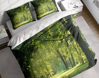 Green Forest Trees Duvet Cover Set, Nature Bedding, Botanical Quilt Cover, Green Tree Park Comforter, Single Double Full Queen King Size