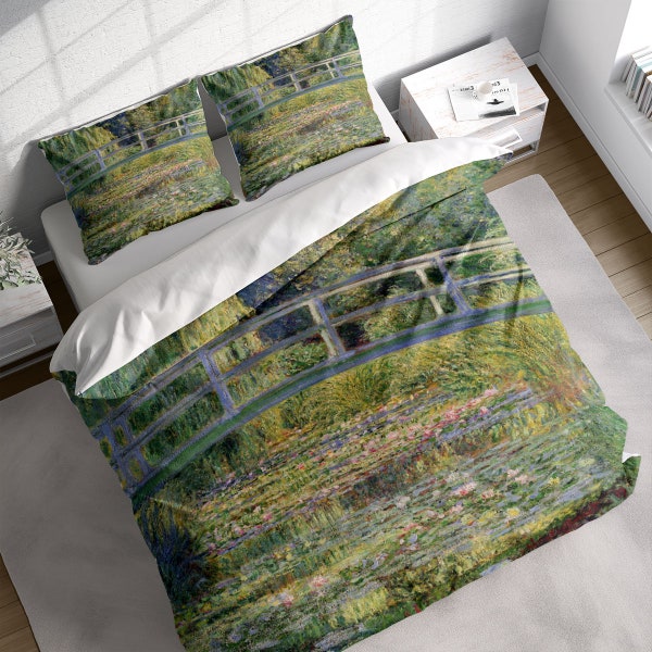 Vegetationtree Garden Botany Duvet Cover Set, Claude Monet Oil Painting The Japanese Bridge (The Water-Lily Pond), Queen King Bedding