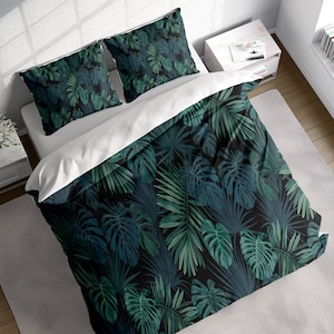 Tropical Monstera Leaves Duvet Cover Set, Green Botanical Leaves Comforter Cover Set, Nature Bedding Set, Single Double Full Queen King Size