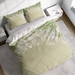 Dekbedovertrekset met witte en groene bloemen vogels, bloemen dekbedovertrek, natuur dekbedovertrek, botanisch beddengoed, eenpersoons dubbele volledige queen king size