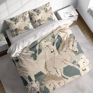 Running Horse Duvet Cover Set, Gray wildlife Bedding, Single Double Full Cali Queen King Size, Text n Size Customizable