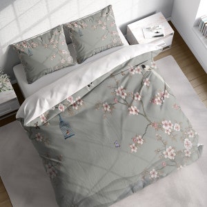 Green Flower Garden Leaves Birds Duvet Cover Set, Botanical Bedding, Nature Floral Comforter Cover, Single Double Full Queen King Size