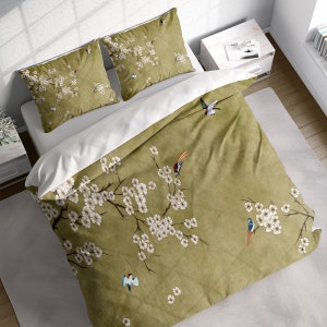 Japanese Cherry Branch Sparrows Duvet Cover Set, Botanical Bedding, Nature Floral Comforter Cover, Single Double Full Queen King Size