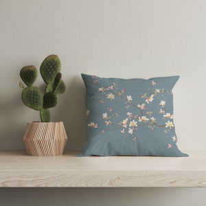 Pink Blossom Throw Pillow Cover, Japanese Magnolia Flower Branch Cushion Cover, Grey Blue Decorative Pillow, Linen Cotton or Velvet