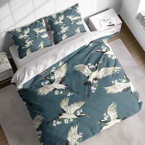 Cranes Magnolia Japanese Duvet Cover Set, Botanical Quilt Comforter Cover Bedding Set w Pillowcases, Twin Full Queen King Size, US UK AU