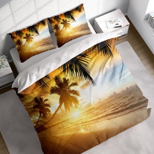 Gold Beach Sunset Duvet Cover Set, Palm Beach Bedding Set, Summer Seaside Holiday Quilt Comforter Cover, Single Double Full Queen King Size